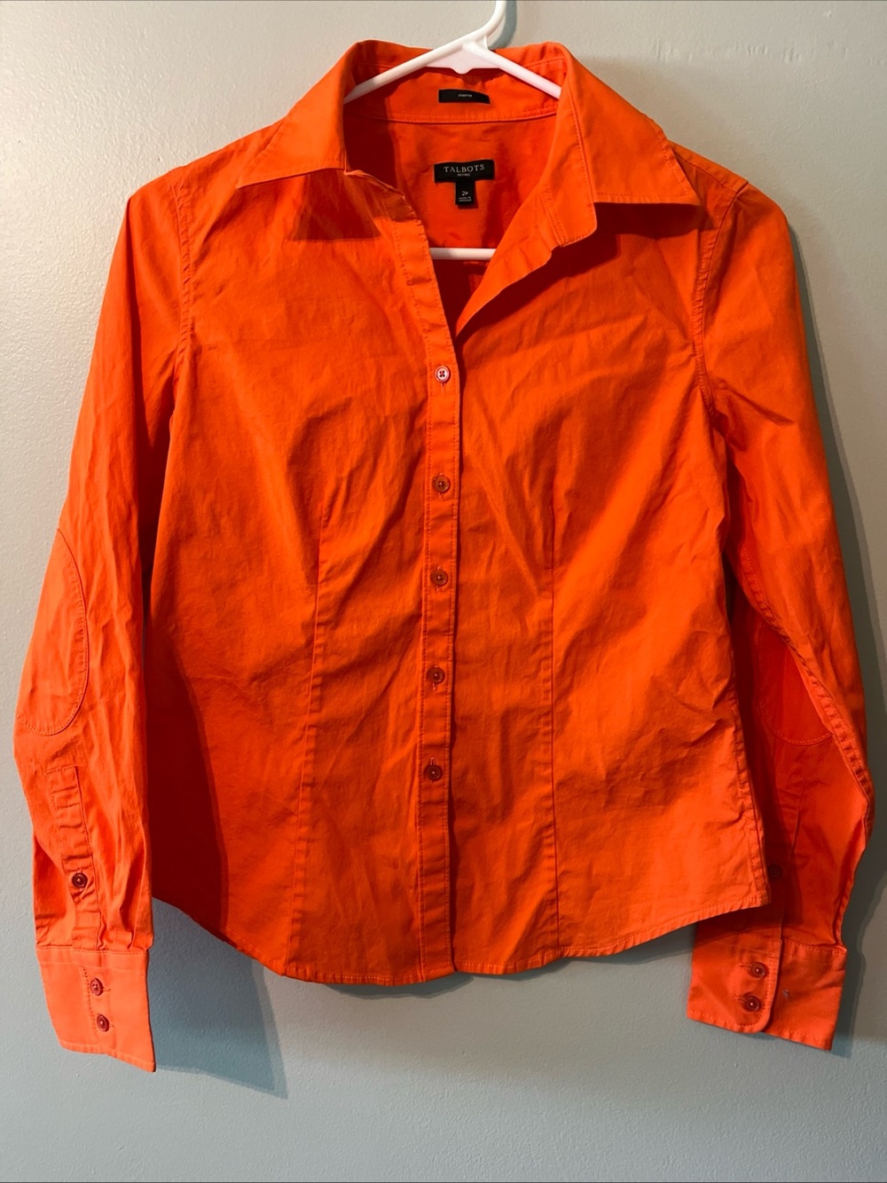 Womens Talbots Petite Orange Button Up Long Sleeve Shirt Stretch 2P Cotton Blend